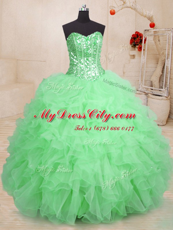 Green Sweetheart Lace Up Beading and Ruffles 15th Birthday Dress Sleeveless