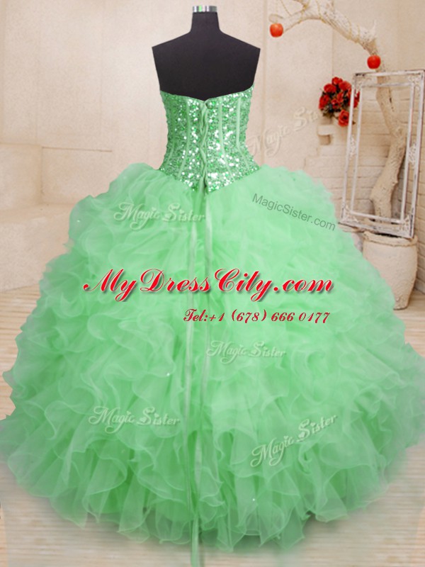 Green Sweetheart Lace Up Beading and Ruffles 15th Birthday Dress Sleeveless