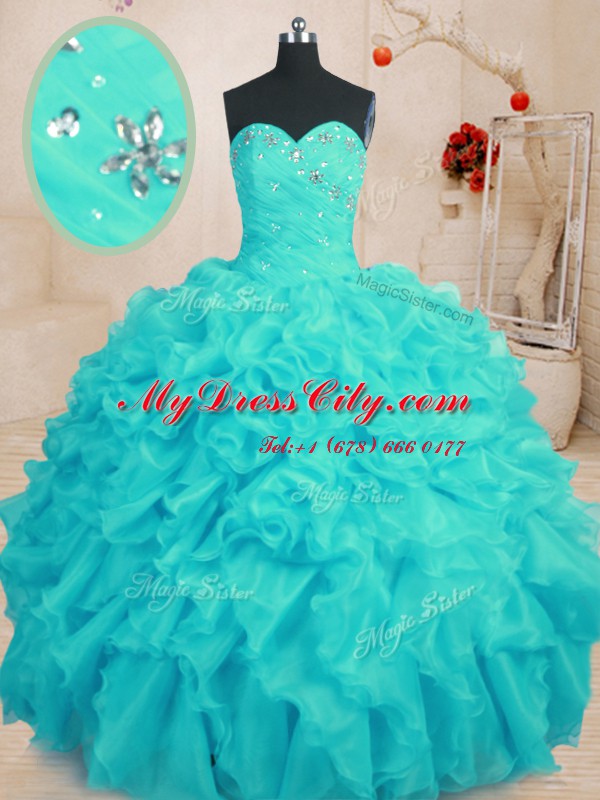 Aqua Blue Sleeveless Organza Lace Up Ball Gown Prom Dress for Military Ball and Sweet 16 and Quinceanera