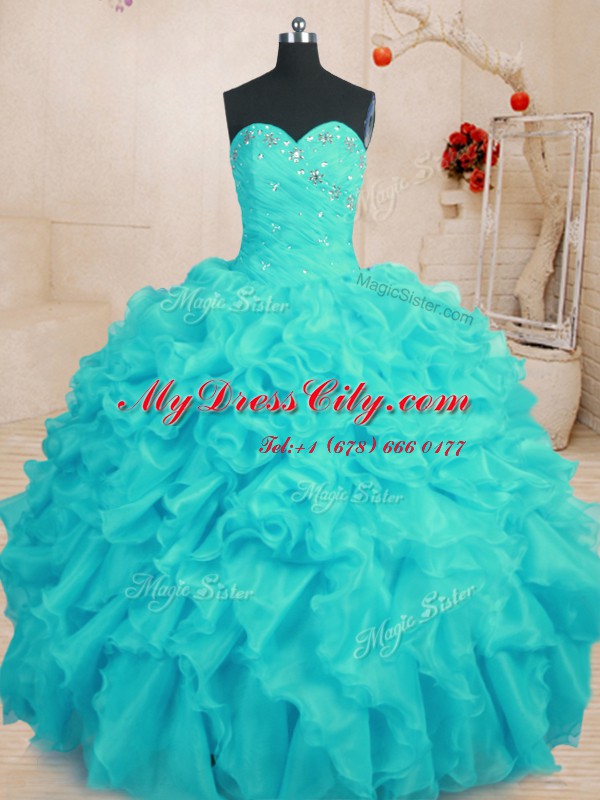 Aqua Blue Sleeveless Organza Lace Up Ball Gown Prom Dress for Military Ball and Sweet 16 and Quinceanera