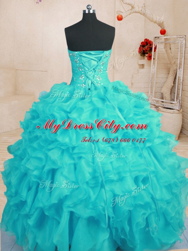 Aqua Blue Sleeveless Organza Lace Up Ball Gown Prom Dress for Military Ball and Sweet 16 and Quinceanera