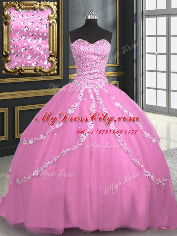 Rose Pink Lace Up 15 Quinceanera Dress Beading and Appliques Sleeveless With Brush Train