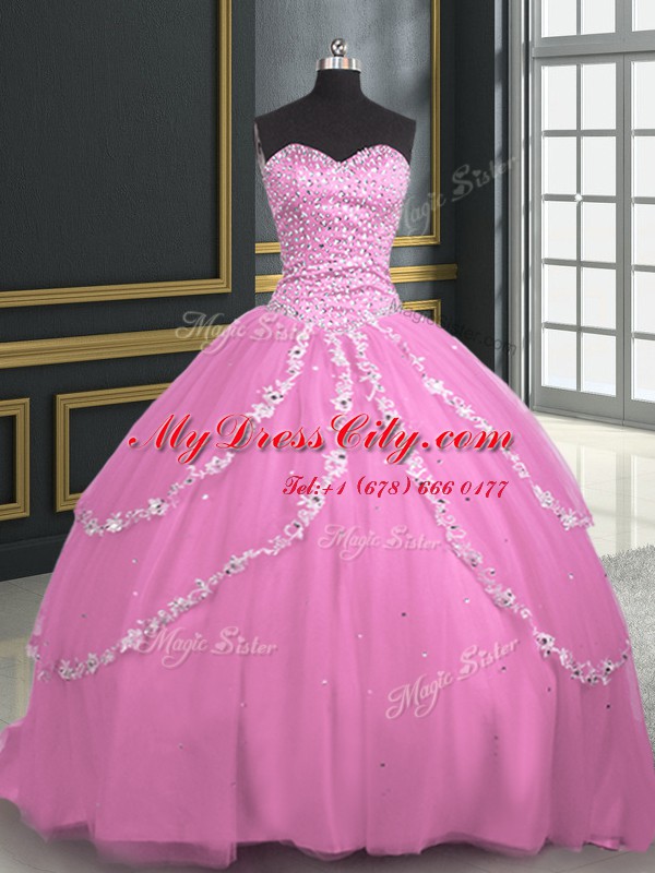 Rose Pink Lace Up 15 Quinceanera Dress Beading and Appliques Sleeveless With Brush Train