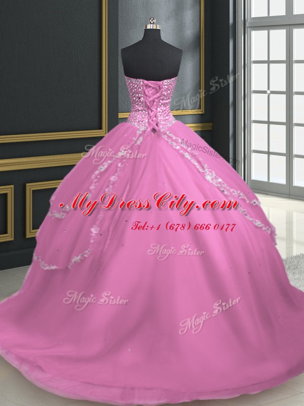 Rose Pink Lace Up 15 Quinceanera Dress Beading and Appliques Sleeveless With Brush Train