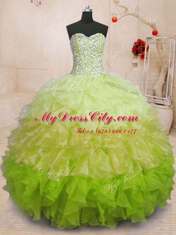 Sleeveless Floor Length Beading and Ruffles Lace Up 15th Birthday Dress with Multi-color