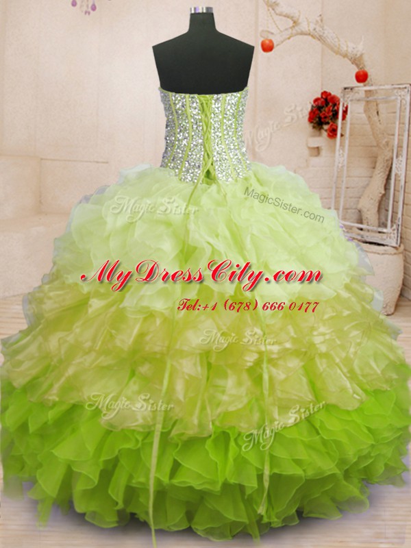 Sleeveless Floor Length Beading and Ruffles Lace Up 15th Birthday Dress with Multi-color