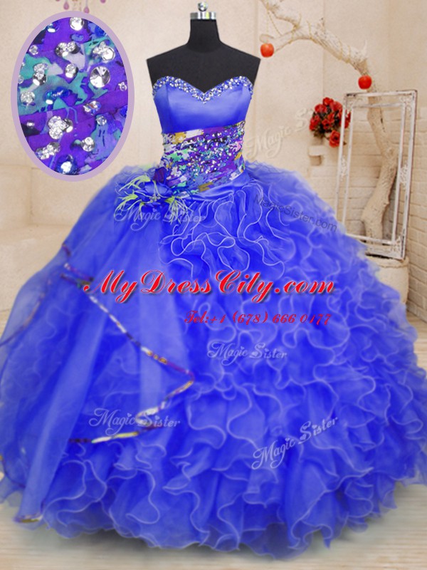 Captivating Beading and Ruffles Ball Gown Prom Dress Royal Blue Lace Up Sleeveless Floor Length