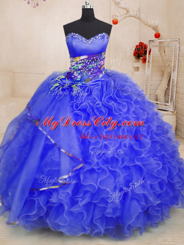 Captivating Beading and Ruffles Ball Gown Prom Dress Royal Blue Lace Up Sleeveless Floor Length