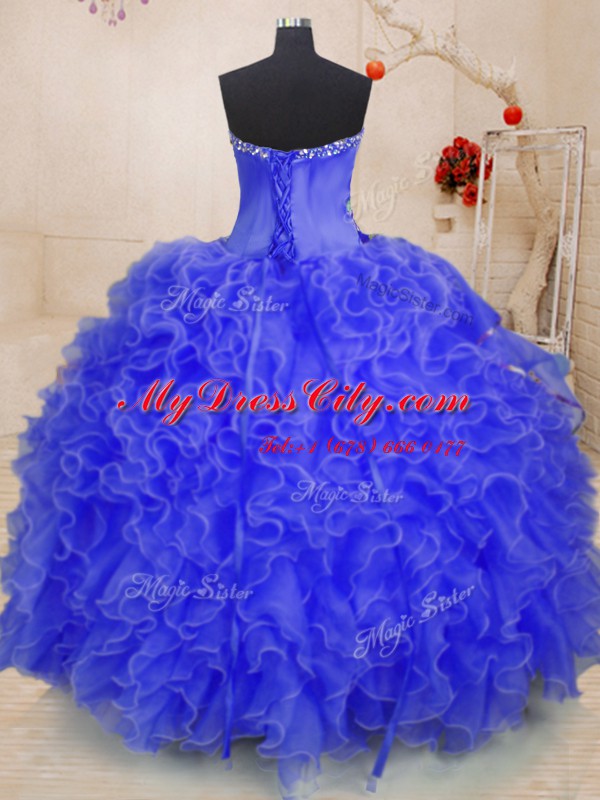 Captivating Beading and Ruffles Ball Gown Prom Dress Royal Blue Lace Up Sleeveless Floor Length