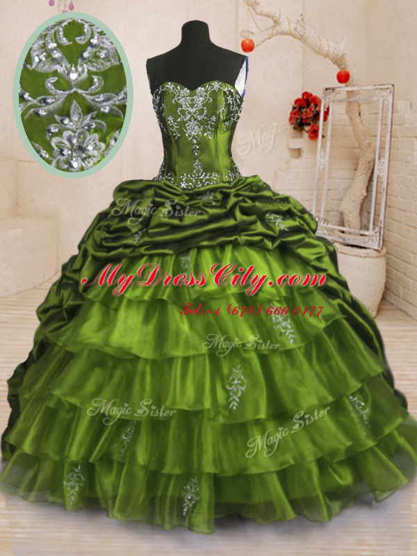 Suitable Olive Green Ball Gowns Sweetheart Sleeveless Organza and Taffeta With Train Sweep Train Lace Up Beading and Appliques and Ruffled Layers and Pick Ups Sweet 16 Quinceanera Dress