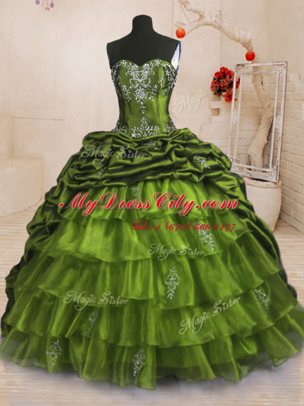 Suitable Olive Green Ball Gowns Sweetheart Sleeveless Organza and Taffeta With Train Sweep Train Lace Up Beading and Appliques and Ruffled Layers and Pick Ups Sweet 16 Quinceanera Dress