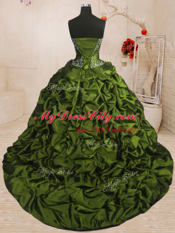 Suitable Olive Green Ball Gowns Sweetheart Sleeveless Organza and Taffeta With Train Sweep Train Lace Up Beading and Appliques and Ruffled Layers and Pick Ups Sweet 16 Quinceanera Dress