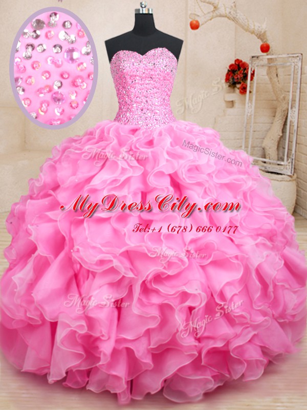 Rose Pink Sleeveless Beading and Ruffles Floor Length Quinceanera Dresses