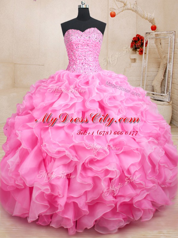 Rose Pink Sleeveless Beading and Ruffles Floor Length Quinceanera Dresses