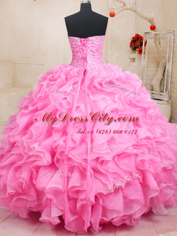 Rose Pink Sleeveless Beading and Ruffles Floor Length Quinceanera Dresses