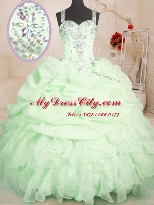 Custom Design Pick Ups Straps Sleeveless Zipper Quince Ball Gowns Yellow Green Organza