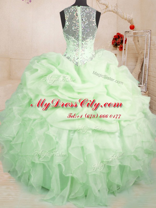 Custom Design Pick Ups Straps Sleeveless Zipper Quince Ball Gowns Yellow Green Organza