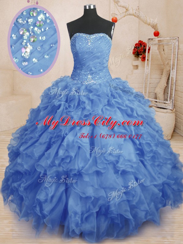 Shining Blue Ball Gowns Strapless Sleeveless Organza Floor Length Lace Up Beading and Ruffles and Ruching Sweet 16 Quinceanera Dress