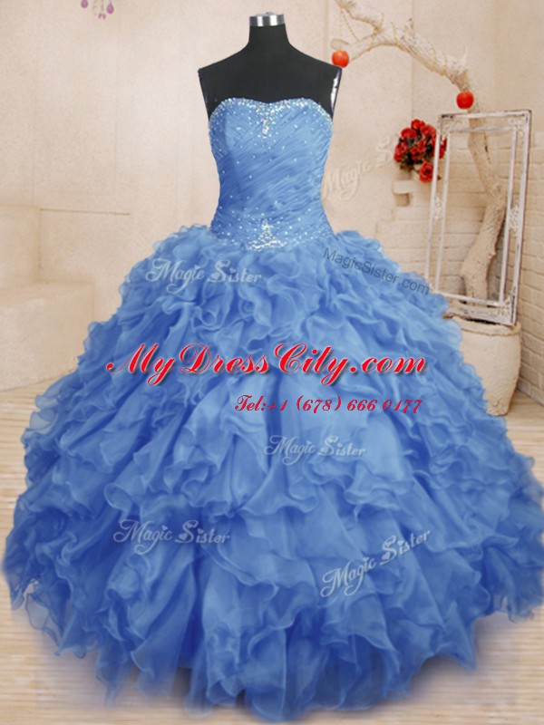 Shining Blue Ball Gowns Strapless Sleeveless Organza Floor Length Lace Up Beading and Ruffles and Ruching Sweet 16 Quinceanera Dress