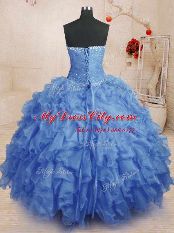 Shining Blue Ball Gowns Strapless Sleeveless Organza Floor Length Lace Up Beading and Ruffles and Ruching Sweet 16 Quinceanera Dress