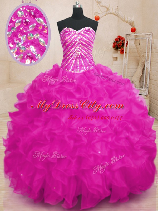 Fuchsia Lace Up Vestidos de Quinceanera Beading and Ruffles and Sequins Sleeveless Floor Length