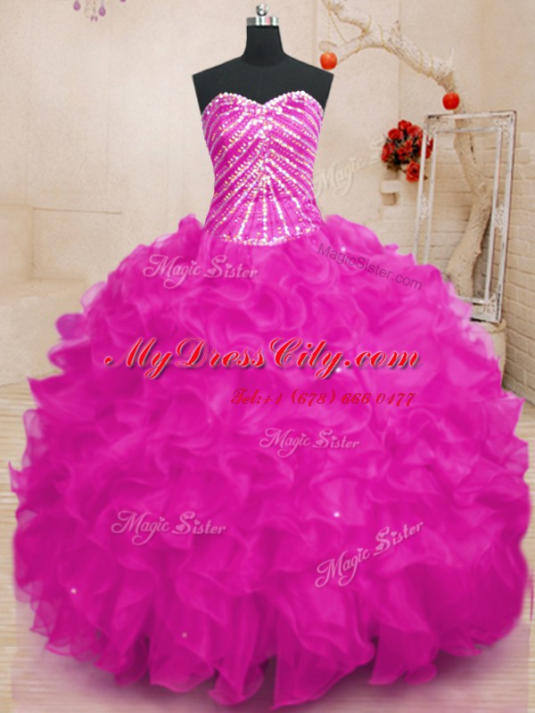 Fuchsia Lace Up Vestidos de Quinceanera Beading and Ruffles and Sequins Sleeveless Floor Length