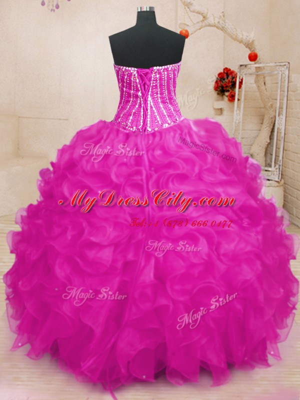 Fuchsia Lace Up Vestidos de Quinceanera Beading and Ruffles and Sequins Sleeveless Floor Length