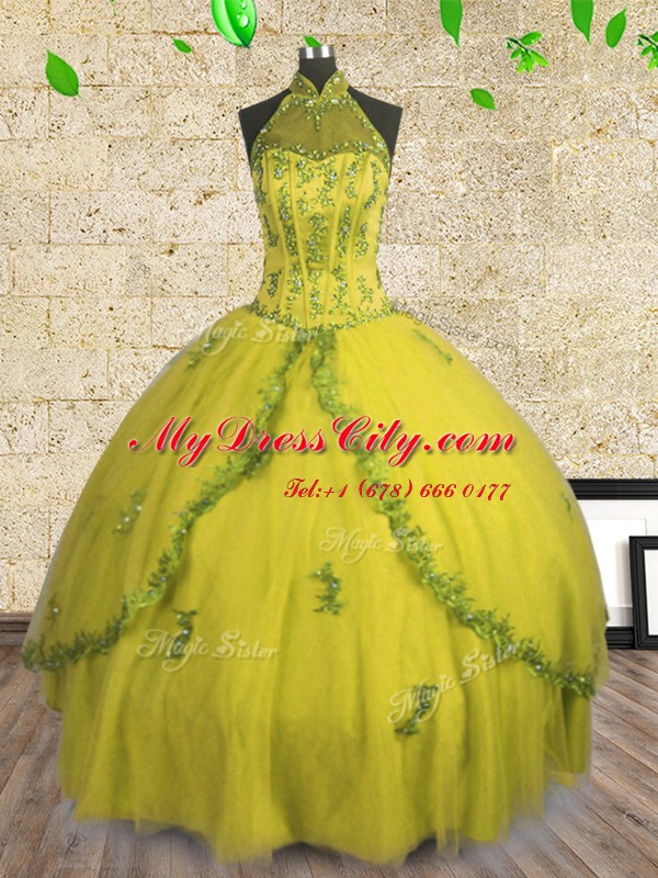 Halter Top Yellow Sleeveless Floor Length Beading Lace Up Quinceanera Gowns