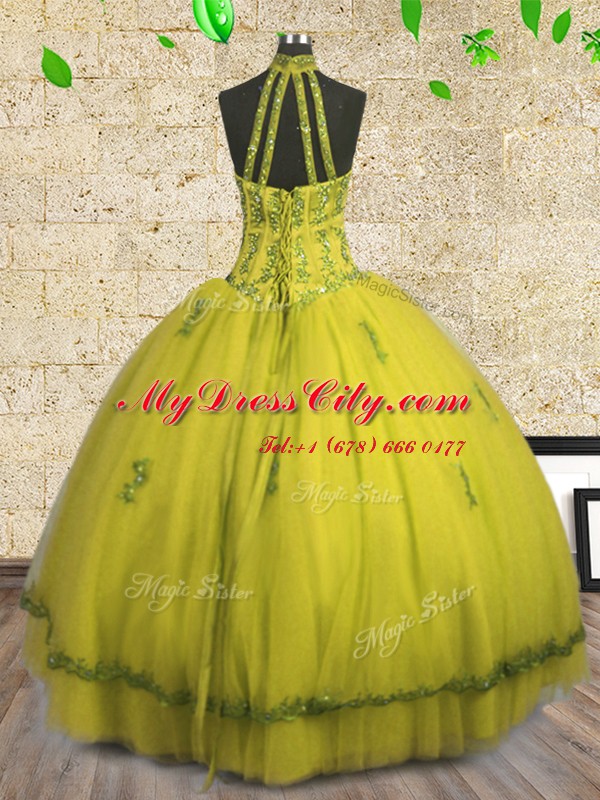 Halter Top Yellow Sleeveless Floor Length Beading Lace Up Quinceanera Gowns