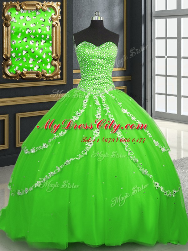 Lace Up Sweetheart Beading and Appliques Sweet 16 Dresses Tulle Sleeveless Brush Train