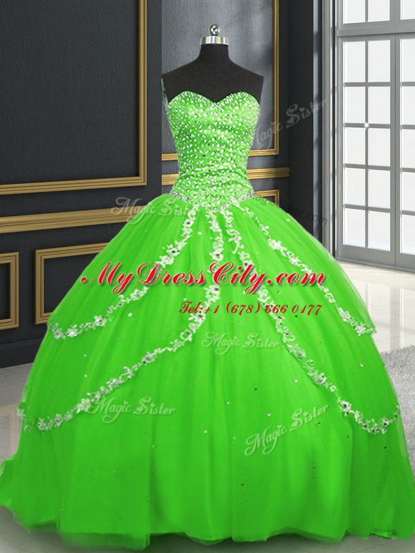 Lace Up Sweetheart Beading and Appliques Sweet 16 Dresses Tulle Sleeveless Brush Train