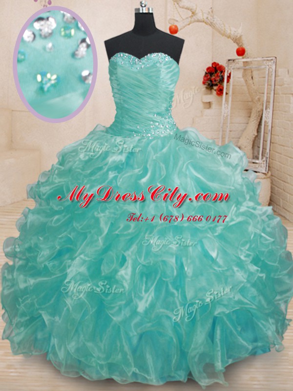 Teal Lace Up Quinceanera Dress Beading and Ruffles Sleeveless Floor Length