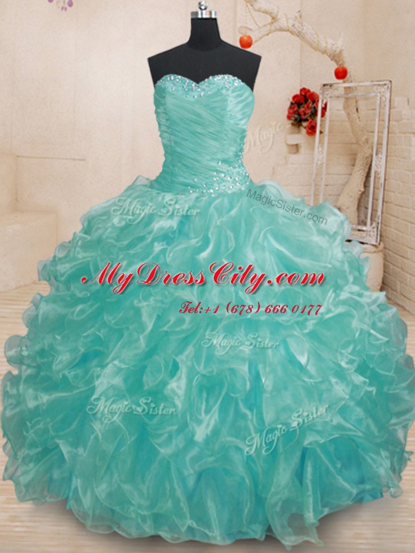 Teal Lace Up Quinceanera Dress Beading and Ruffles Sleeveless Floor Length