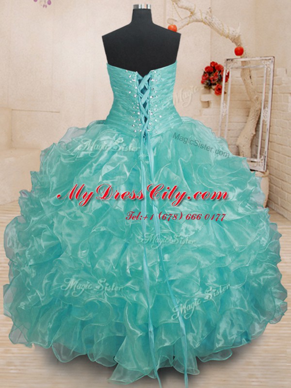 Teal Lace Up Quinceanera Dress Beading and Ruffles Sleeveless Floor Length