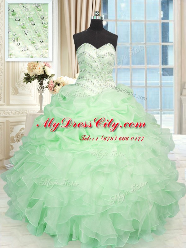 Apple Green Organza Lace Up Sweet 16 Dresses Sleeveless Floor Length Beading and Ruffles