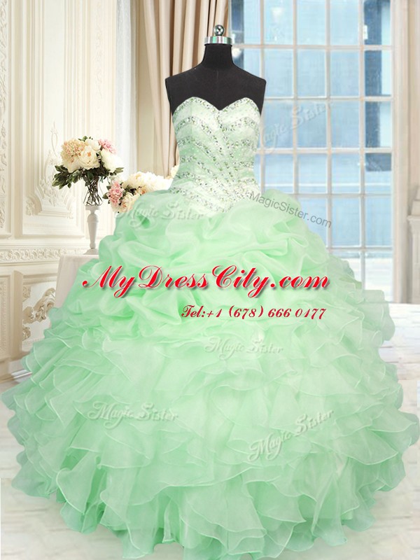 Apple Green Organza Lace Up Sweet 16 Dresses Sleeveless Floor Length Beading and Ruffles