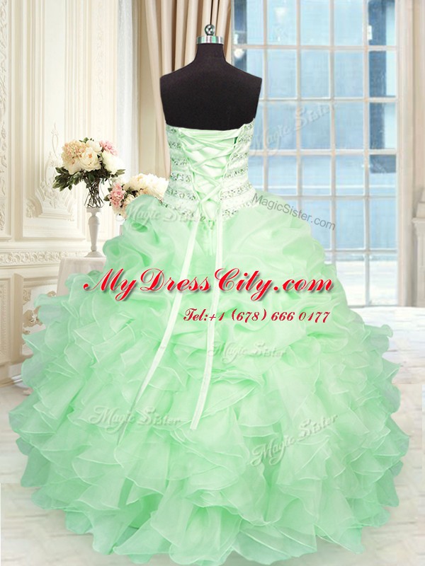 Apple Green Organza Lace Up Sweet 16 Dresses Sleeveless Floor Length Beading and Ruffles