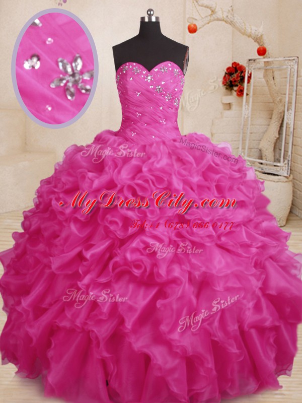 Floor Length Lace Up Ball Gown Prom Dress Hot Pink for Military Ball and Sweet 16 and Quinceanera with Beading and Ruffles