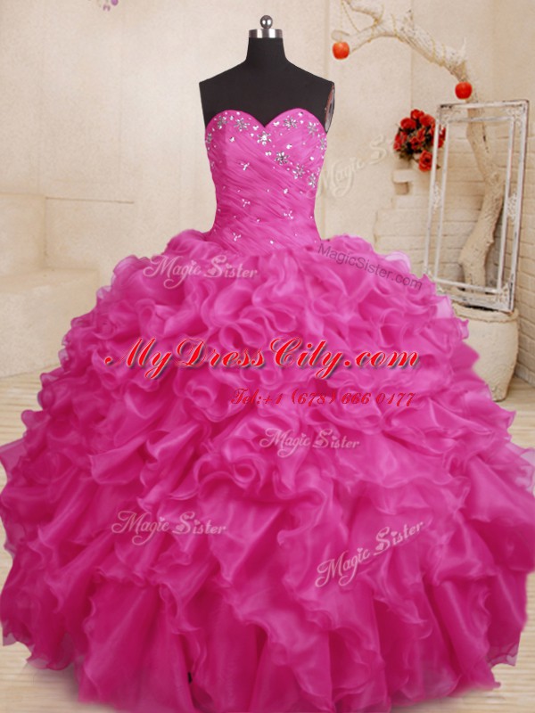 Floor Length Lace Up Ball Gown Prom Dress Hot Pink for Military Ball and Sweet 16 and Quinceanera with Beading and Ruffles