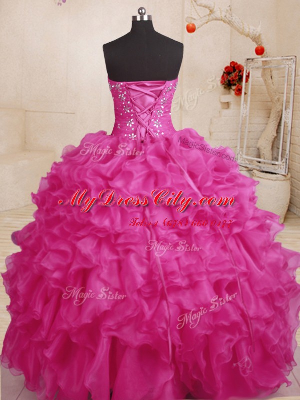 Floor Length Lace Up Ball Gown Prom Dress Hot Pink for Military Ball and Sweet 16 and Quinceanera with Beading and Ruffles