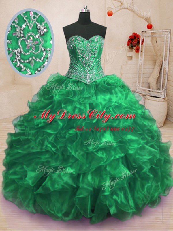 Popular Green Sleeveless Sweep Train Beading and Ruffles With Train 15 Quinceanera Dress