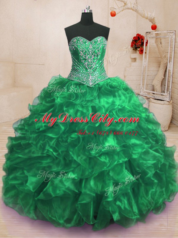 Popular Green Sleeveless Sweep Train Beading and Ruffles With Train 15 Quinceanera Dress