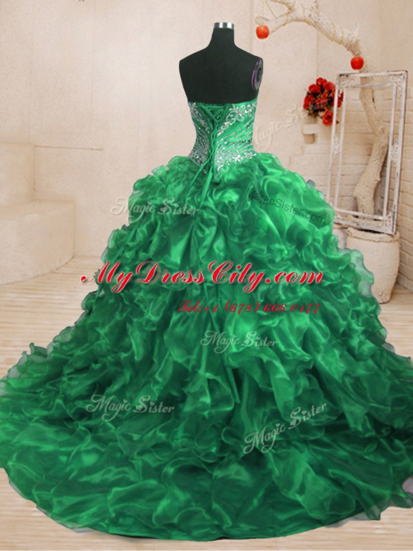 Popular Green Sleeveless Sweep Train Beading and Ruffles With Train 15 Quinceanera Dress