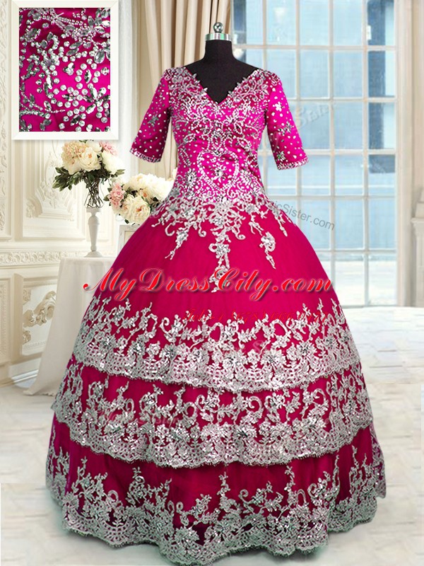 Red and Hot Pink Ball Gowns Satin and Tulle V-neck Half Sleeves Beading and Appliques and Ruffled Layers Floor Length Zipper Quinceanera Gown