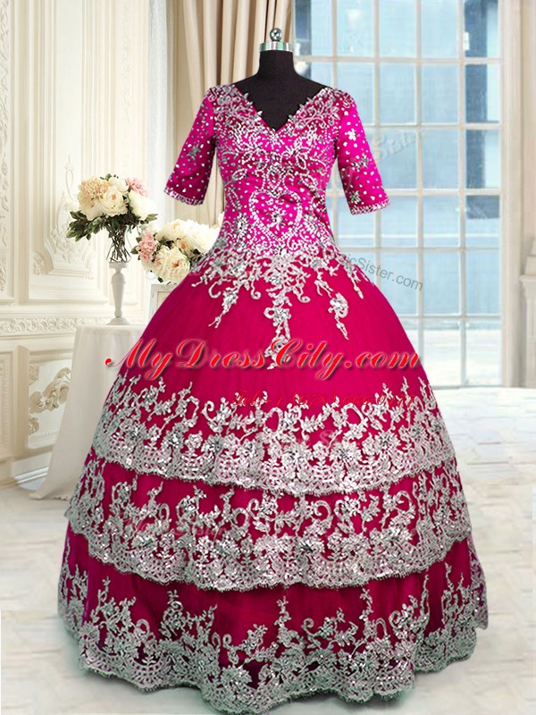 Red and Hot Pink Ball Gowns Satin and Tulle V-neck Half Sleeves Beading and Appliques and Ruffled Layers Floor Length Zipper Quinceanera Gown