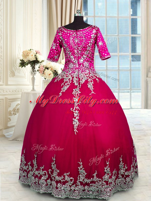 Red and Hot Pink Ball Gowns Satin and Tulle V-neck Half Sleeves Beading and Appliques and Ruffled Layers Floor Length Zipper Quinceanera Gown