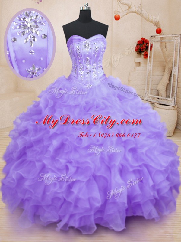 Modest Sweetheart Sleeveless Quinceanera Gown Floor Length Beading and Ruffles Lavender Organza