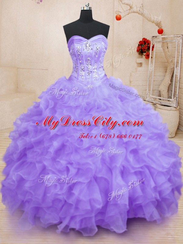 Modest Sweetheart Sleeveless Quinceanera Gown Floor Length Beading and Ruffles Lavender Organza