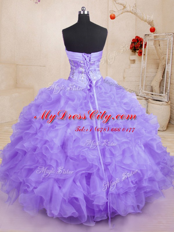 Modest Sweetheart Sleeveless Quinceanera Gown Floor Length Beading and Ruffles Lavender Organza