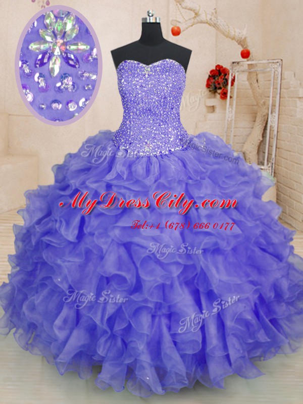 Cheap Floor Length Lavender Sweet 16 Dresses Organza Sleeveless Beading and Ruffles